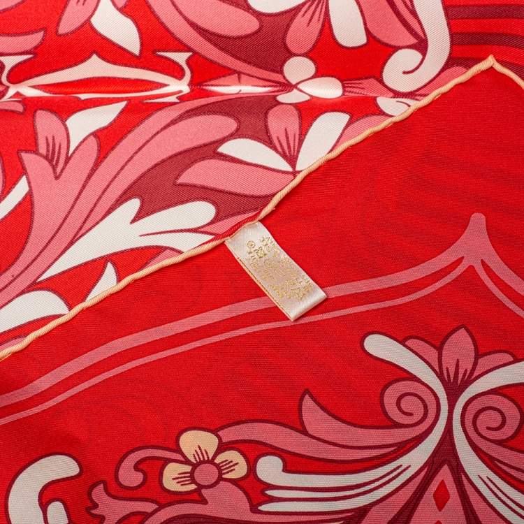 Pre Owned Cartier Red Flora Print Silk Square Scarf
