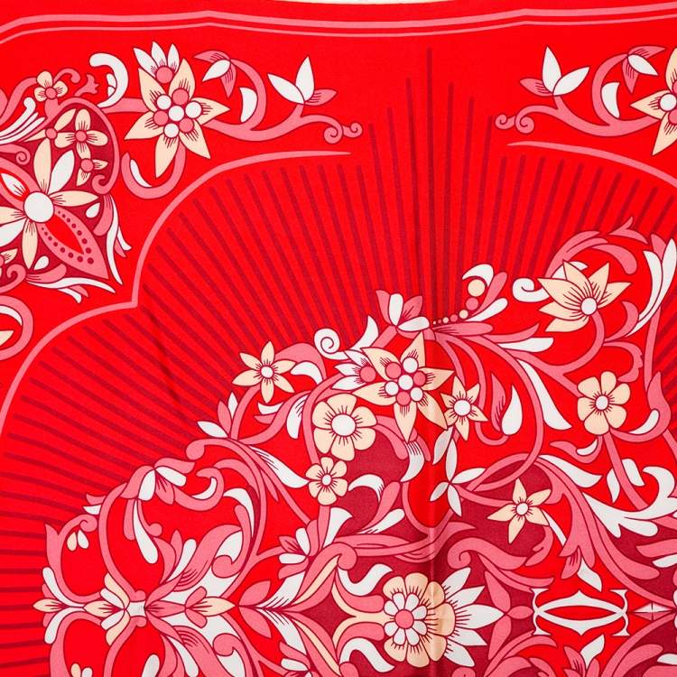 Pre Owned Cartier Red Flora Print Silk Square Scarf