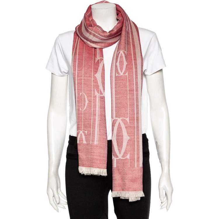 Pre Owned Cartier Pink Logo Cashmere Silk Jacquard Scarf