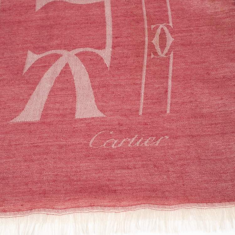 Pre Owned Cartier Pink Logo Cashmere Silk Jacquard Scarf