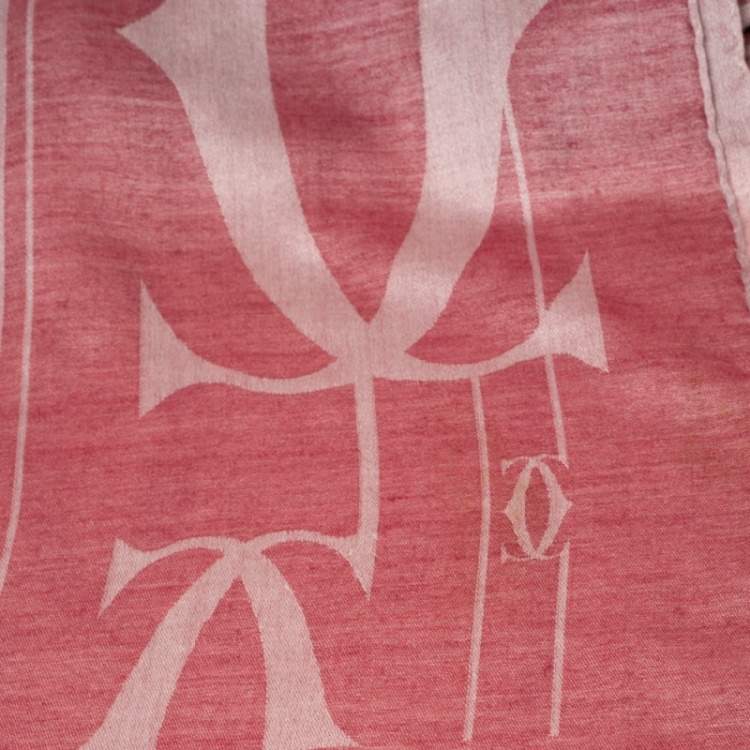 Pre Owned Cartier Pink Logo Cashmere Silk Jacquard Scarf