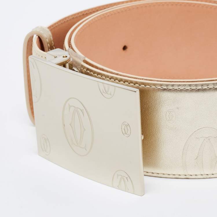 Pre Owned Cartier Gold Leather Happy Birthday Logo Plaque Wide Belt