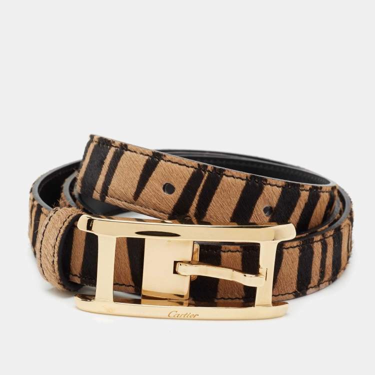 Pre Owned Cartier Brown/Black Leopard Print Calfhair Skinny Belt 85 CM