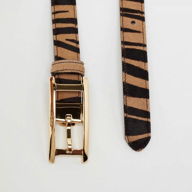 Pre Owned Cartier Brown/Black Leopard Print Calfhair Skinny Belt 85 CM