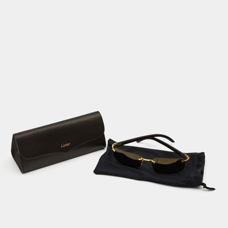 Pre Owned Cartier Gold/Brown 135B Wooden C Décor Rimless Sunglasses