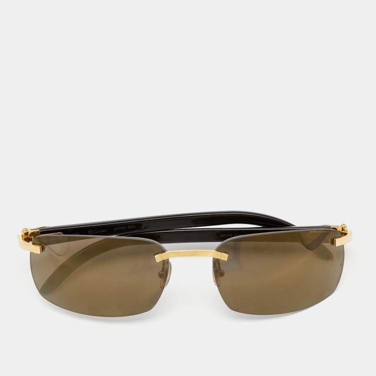 Pre Owned Cartier Gold/Brown 135B Wooden C Décor Rimless Sunglasses
