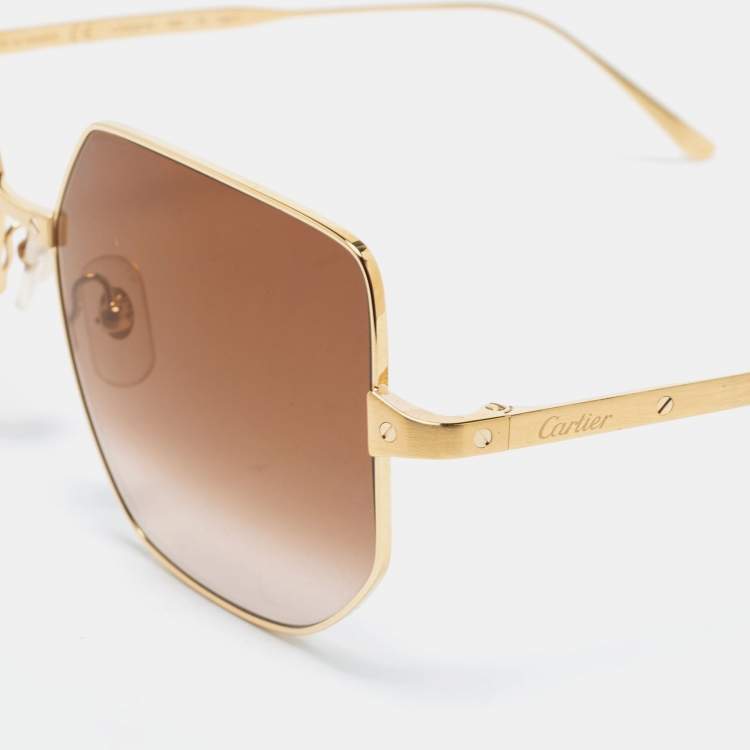 Pre Owned Cartier Gold Tone/Brown Gradient CT0327S Santos Geometric Sunglasses