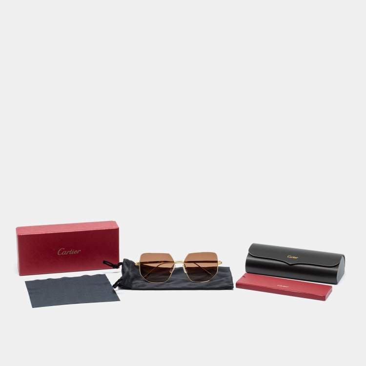 Pre Owned Cartier Gold Tone/Brown Gradient CT0327S Santos Geometric Sunglasses