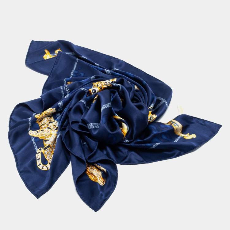 Pre Owned Cartier Blue Panther Printed Square Silk Scarf