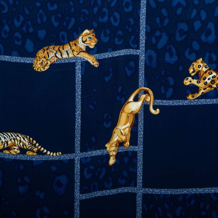 Pre Owned Cartier Blue Panther Printed Square Silk Scarf