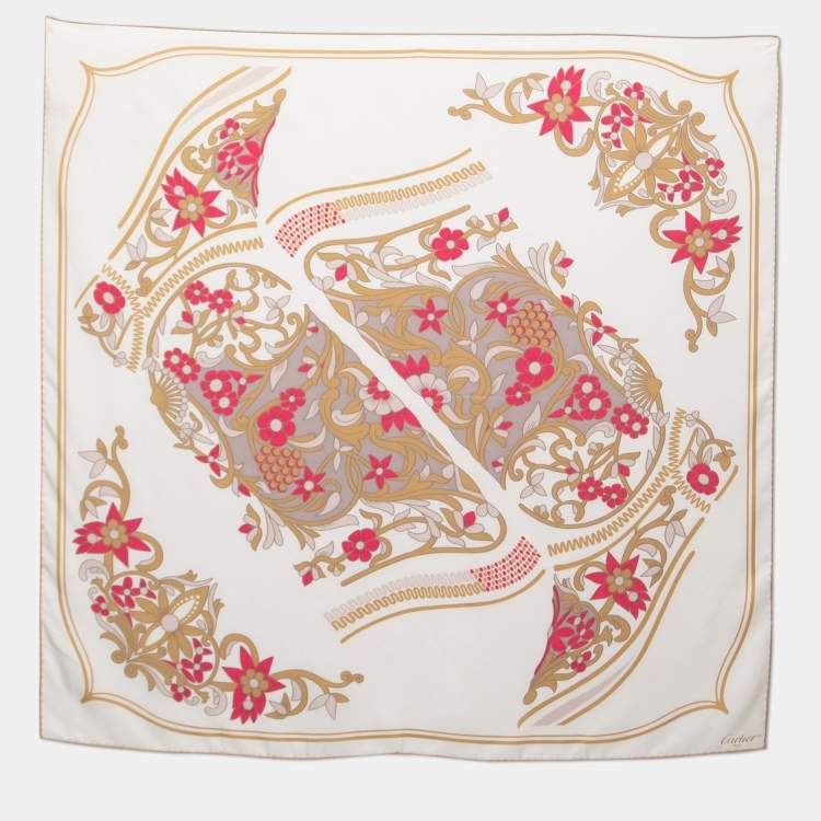 Pre Owned Cartier White Floral Boot Silk Square Scarf