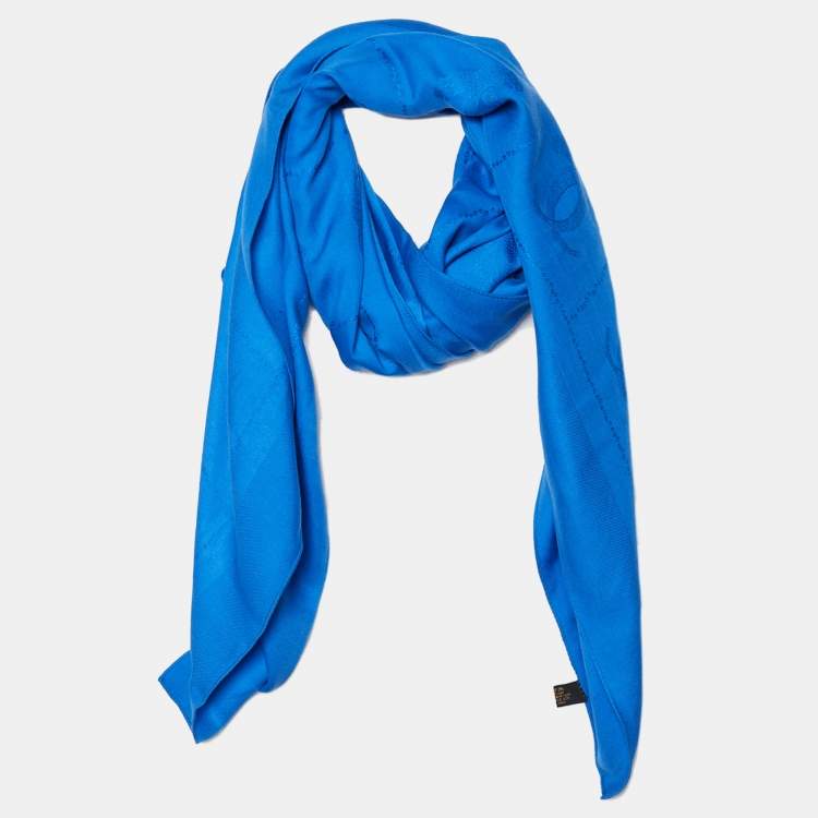Pre Owned Cartier Must De Cartier Blue Panthere Monogram Wool and Silk Blend Square Scarf