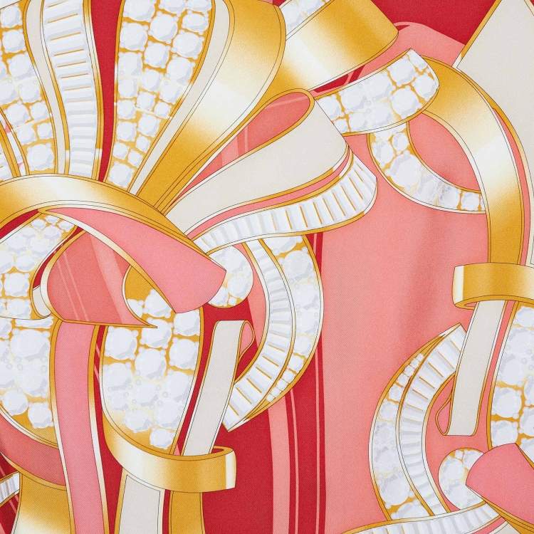 Pre Owned Cartier Red & Beige Jewel Printed Silk Square Scarf