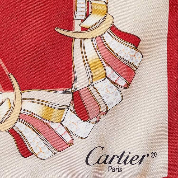 Pre Owned Cartier Red & Beige Jewel Printed Silk Square Scarf