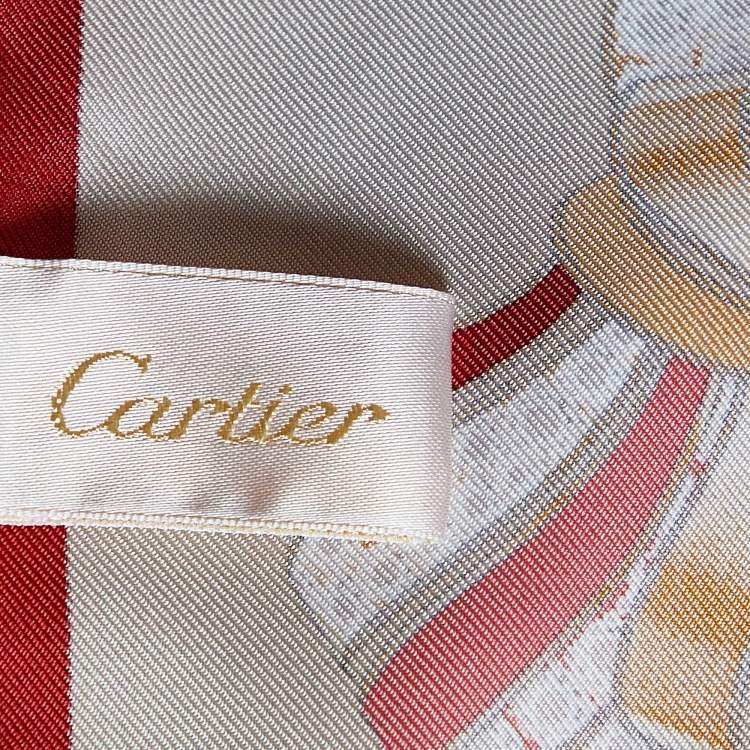 Pre Owned Cartier Red & Beige Jewel Printed Silk Square Scarf
