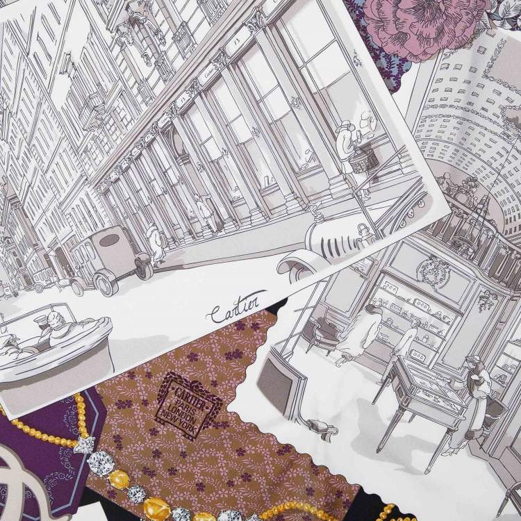 Pre Owned Cartier Beige Paris Postcard Printed Silk Square Scarf