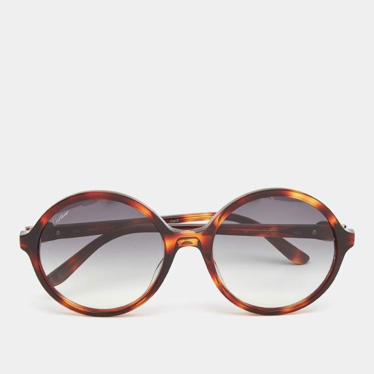 Pre Owned Cartier Brown Tortoise Gradient Round Sunglasses