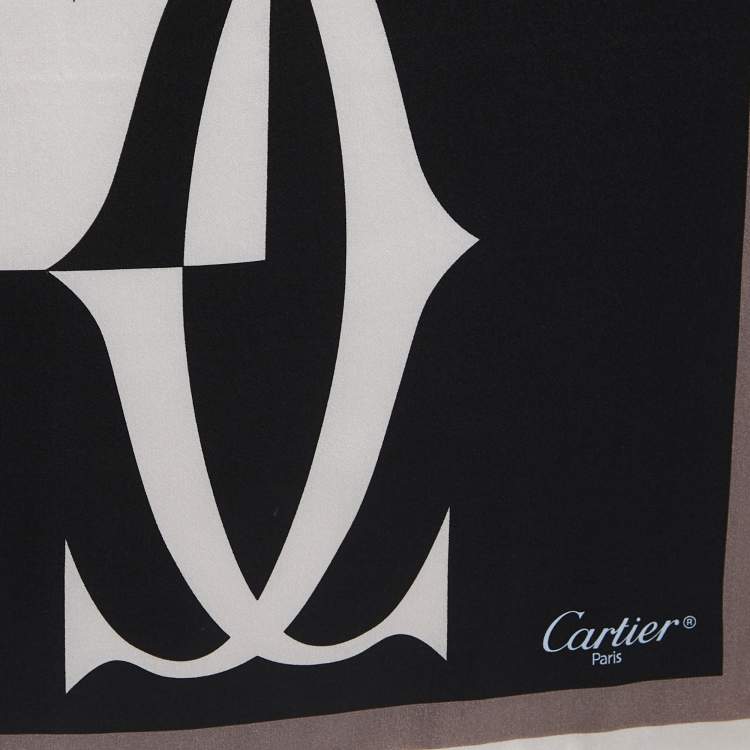 مملوكة مسبقًا Cartier Black/Grey Logo Print Silk Satin Sqaure Scarf