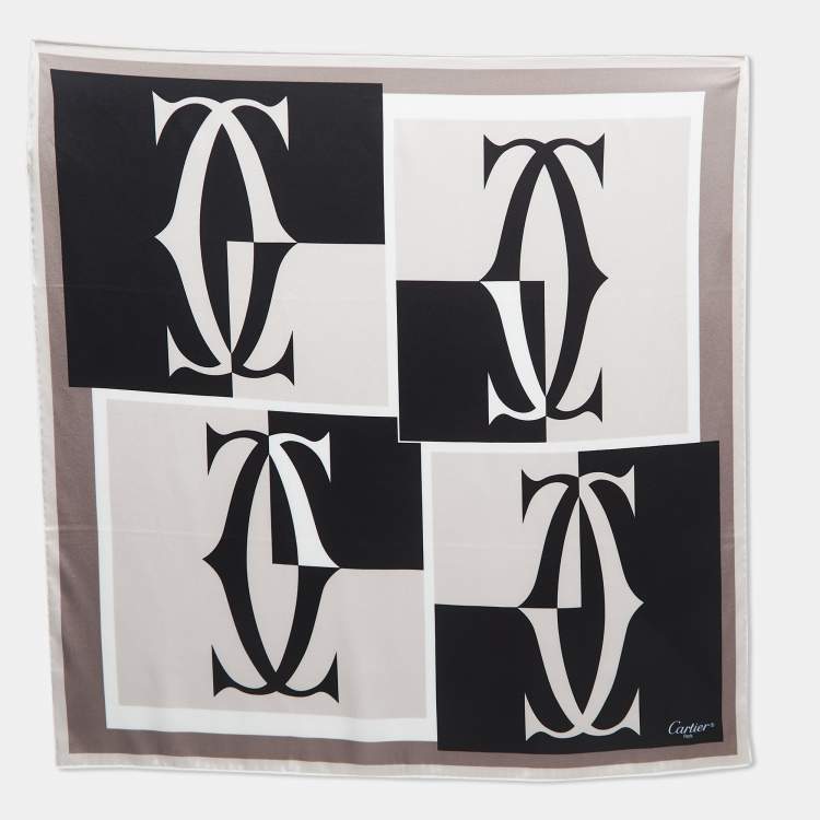 مملوكة مسبقًا Cartier Black/Grey Logo Print Silk Satin Sqaure Scarf