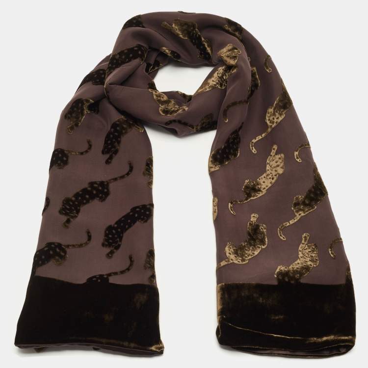 Pre Owned Cartier Brown Devore Panthere Silk Blend Stole