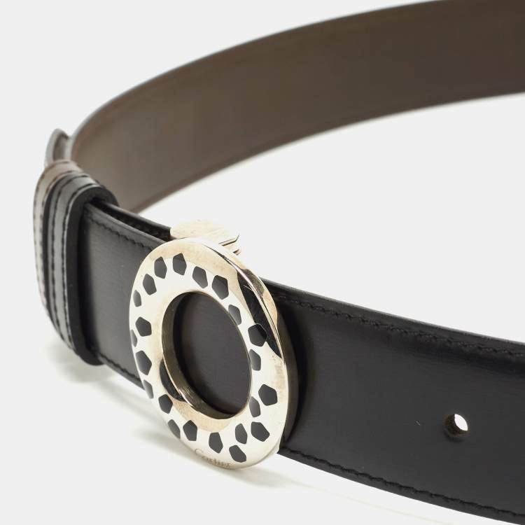 Pre Owned Cartier Black/Brown Leather Panthere Round Buckle Reversible Belt