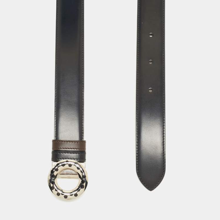 Pre Owned Cartier Black/Brown Leather Panthere Round Buckle Reversible Belt