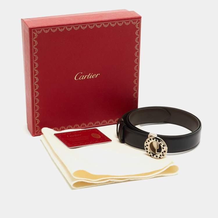 Pre Owned Cartier Black/Brown Leather Panthere Round Buckle Reversible Belt