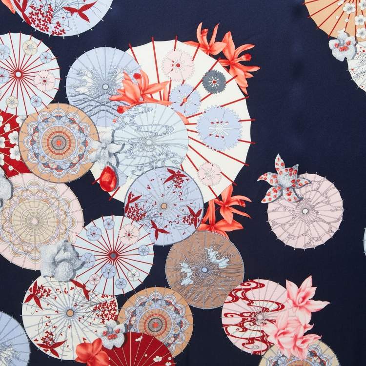 مملوكة مسبقًا Cartier Navy Blue Floral Printed Silk Square Scarf