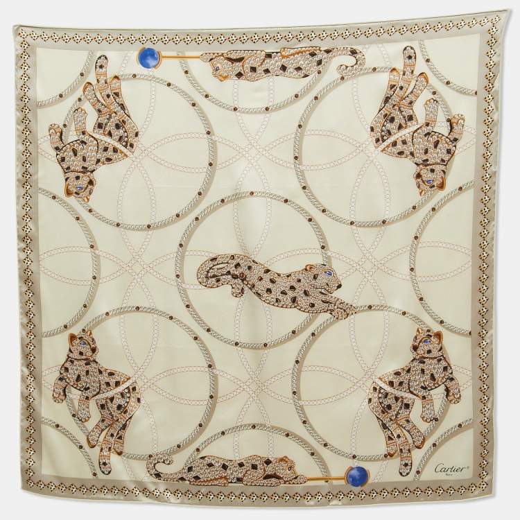 Pre Owned Cartier Cream Panthers & Hoops Print Silk Square Scarf