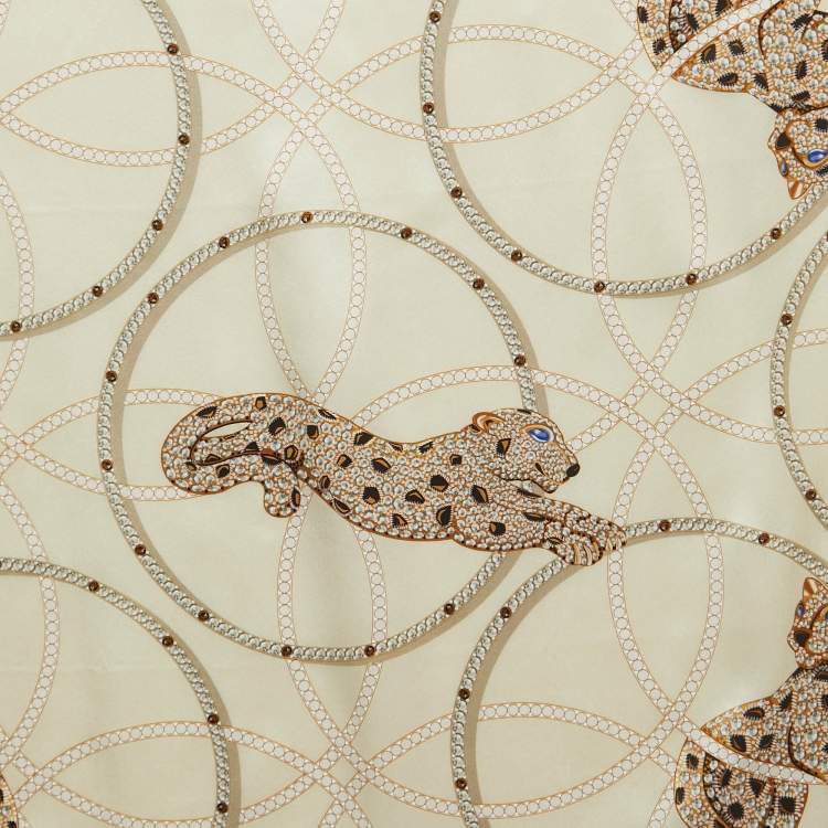 Pre Owned Cartier Cream Panthers & Hoops Print Silk Square Scarf