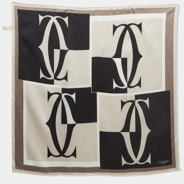 Pre Owned Cartier Black/Grey Logo Print Silk Satin Sqaure Scarf