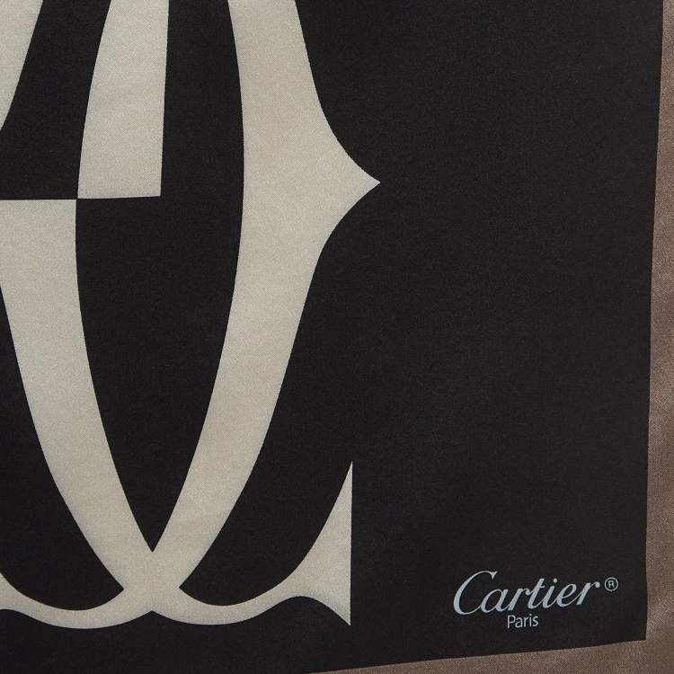 Pre Owned Cartier Black/Grey Logo Print Silk Satin Sqaure Scarf