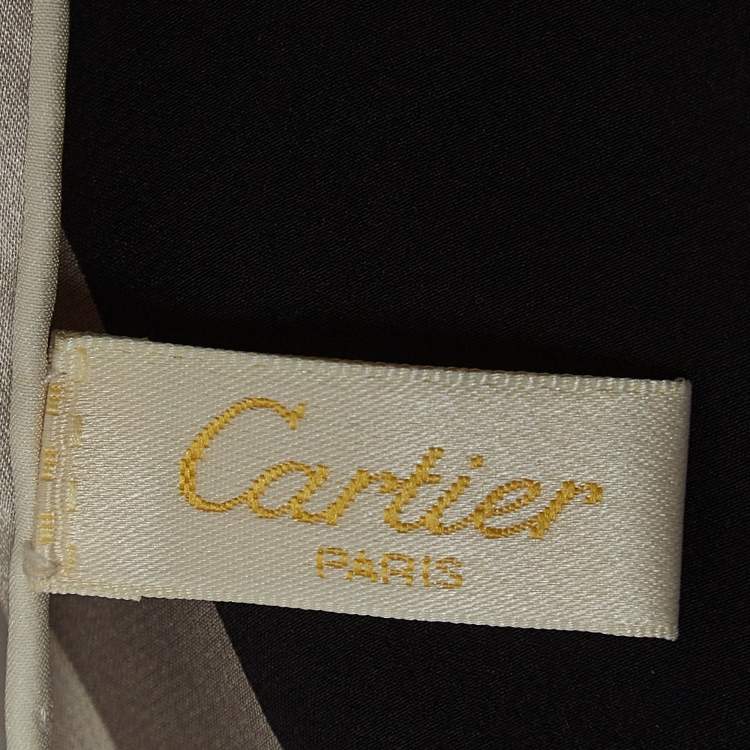 Pre Owned Cartier Black/Grey Logo Print Silk Satin Sqaure Scarf