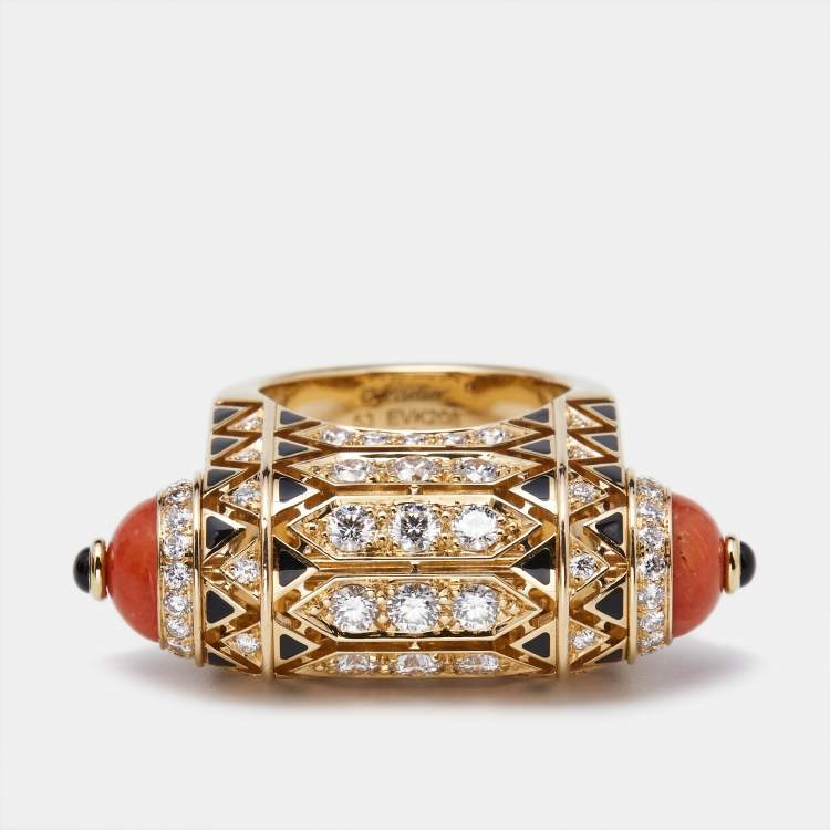 Pre Owned Cartier Geometry and Contrast Multicolor Gemstones Black Lacquer 18k Rose Gold Cocktail Ring Size 53