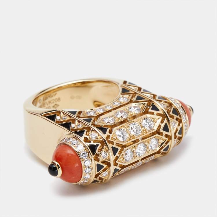 Pre Owned Cartier Geometry and Contrast Multicolor Gemstones Black Lacquer 18k Rose Gold Cocktail Ring Size 53