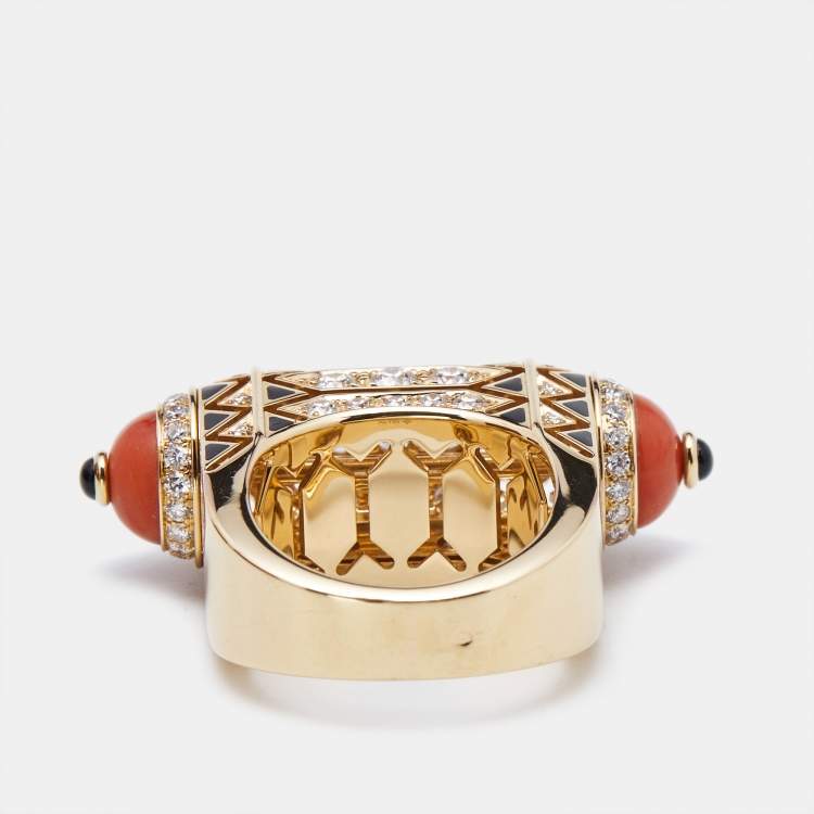Pre Owned Cartier Geometry and Contrast Multicolor Gemstones Black Lacquer 18k Rose Gold Cocktail Ring Size 53