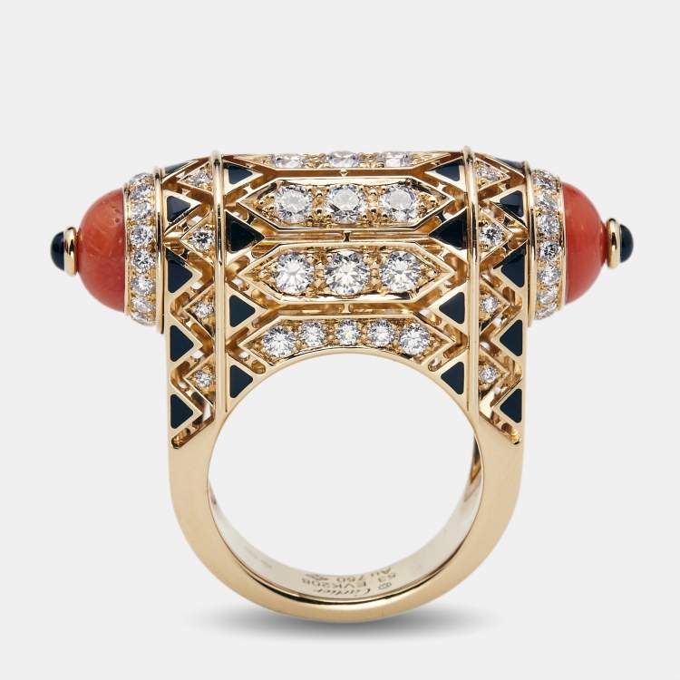 Pre Owned Cartier Geometry and Contrast Multicolor Gemstones Black Lacquer 18k Rose Gold Cocktail Ring Size 53