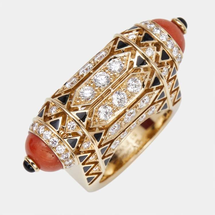 Pre Owned Cartier Geometry and Contrast Multicolor Gemstones Black Lacquer 18k Rose Gold Cocktail Ring Size 53