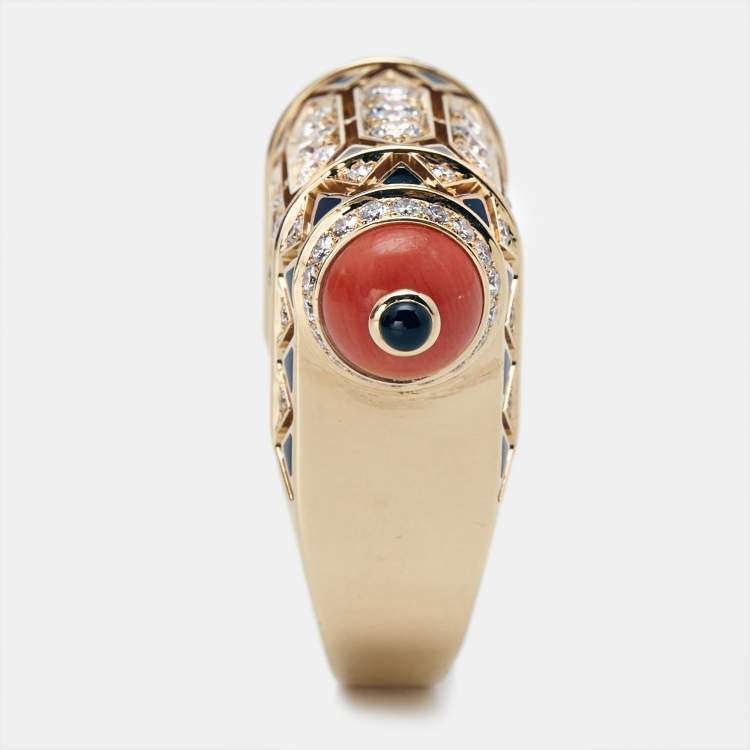 Pre Owned Cartier Geometry and Contrast Multicolor Gemstones Black Lacquer 18k Rose Gold Cocktail Ring Size 53