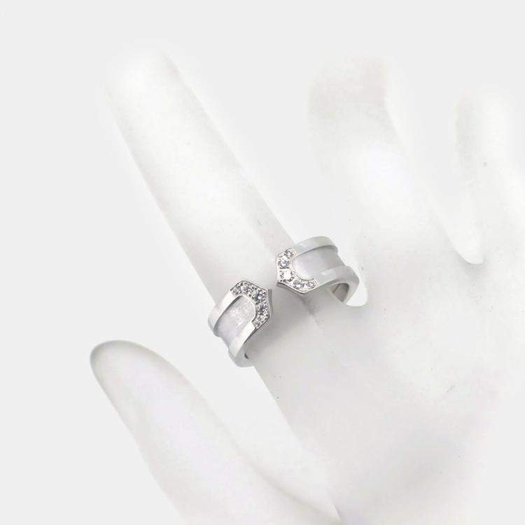Pre Owned Cartier 18K White Gold and Diamond Double C de Cartier Band Ring EU 49
