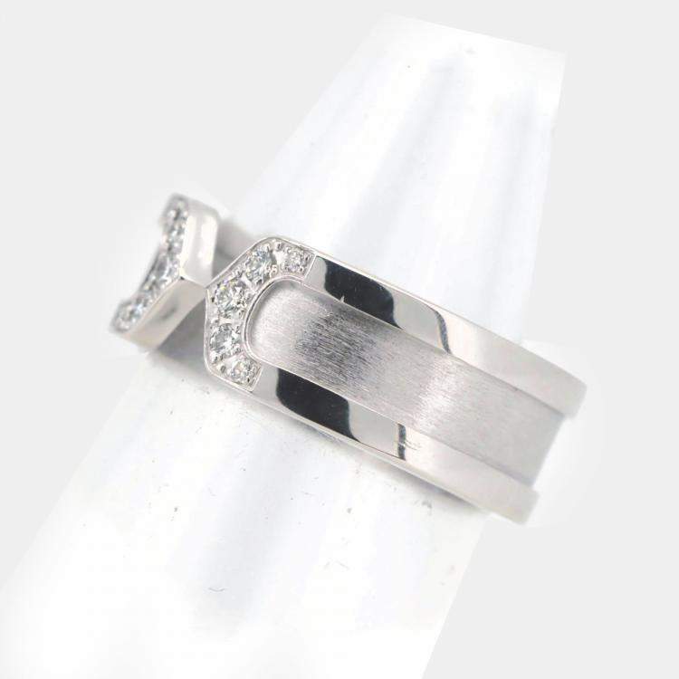 Pre Owned Cartier 18K White Gold and Diamond Double C de Cartier Band Ring EU 49