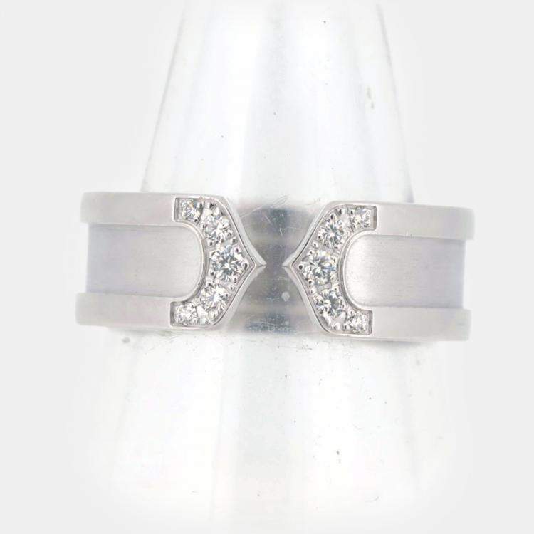 Pre Owned Cartier 18K White Gold and Diamond Double C de Cartier Band Ring EU 49