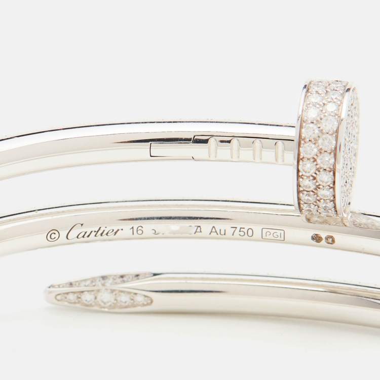 Pre Owned Cartier Juste Un Clou Double Half Paved DIamonds 18k White Gold Bracelet 16