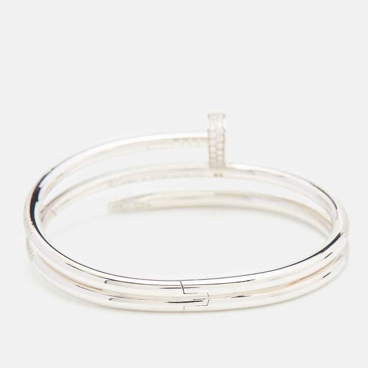 Pre Owned Cartier Juste Un Clou Double Half Paved DIamonds 18k White Gold Bracelet 16