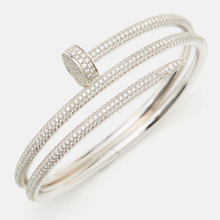 Pre Owned Cartier Juste Un Clou Double Half Paved DIamonds 18k White Gold Bracelet 16