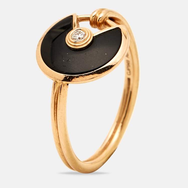 Pre Owned Cartier Amulette De Cartier Onyx Diamond 18k Rose Gold Ring Size 51