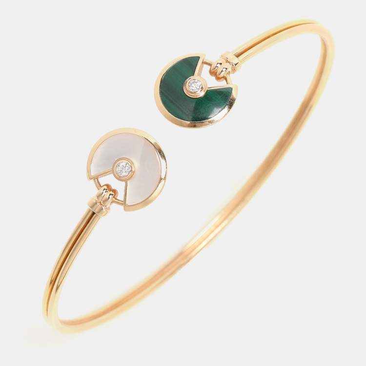 Pre Owned Cartier Amulette De Cartier Malachite White Mother Of Pearl & Diamond 18k Rose Gold Open Bracelet 17cm