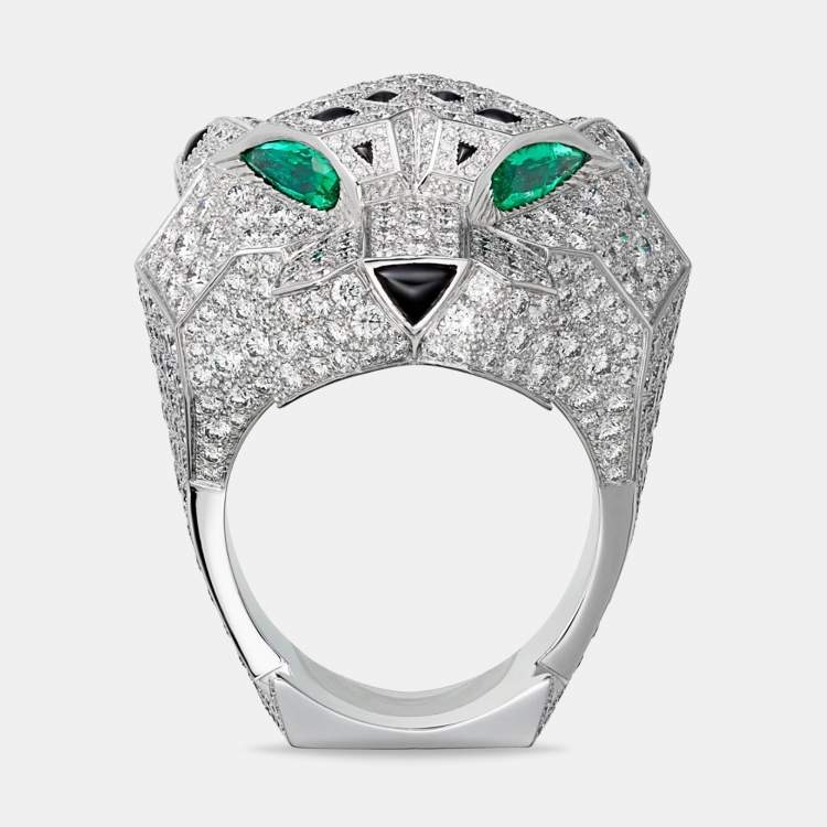 Pre Owned Cartier Panthere De Cartier Head Multi Gemstones 18k White Gold Ring Size 54