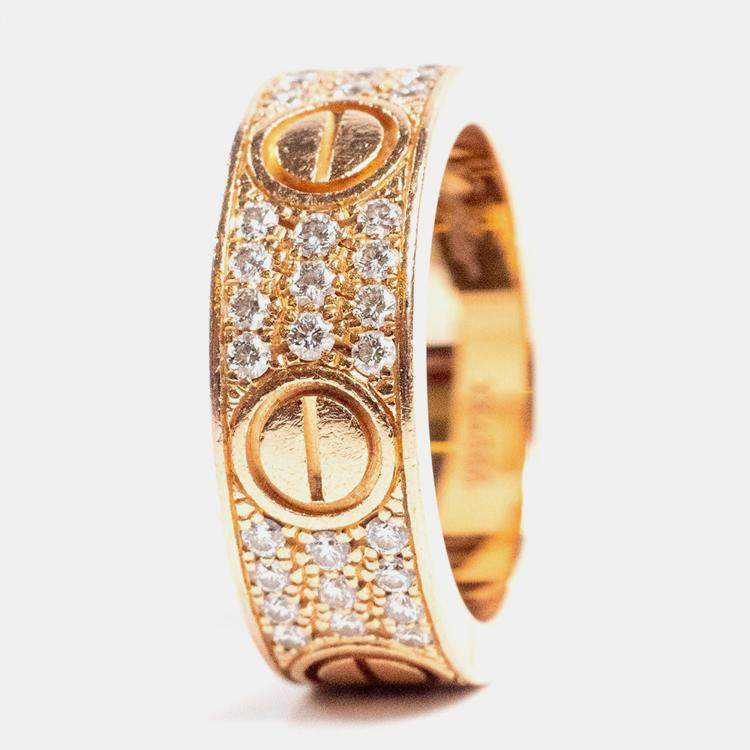 Pre Owned Cartier Love Rose Gold Diamond Paved Ring EU 50