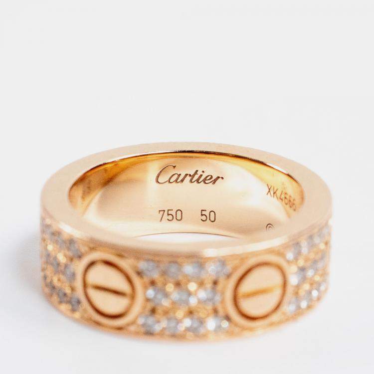 Pre Owned Cartier Love Rose Gold Diamond Paved Ring EU 50